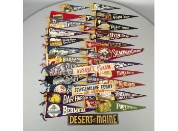 Thirty-One Vintage Painted And Printed Sports, American Parks And Historical Souvenir Pennants, 20th Century