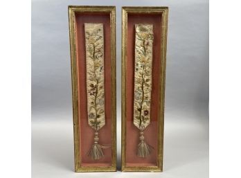 Pair Of English Crewel Embroidery On Silk Bell Pulls, Nineteenth Century
