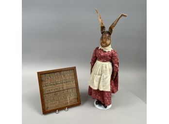Esther Martha Murray's Needlework Band Sampler, And 'Nancy Lee' The Leather Rabbit Doll, Jo Buckley, 1979