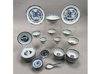 Group Of Chinese Blue And White Porcelain 'Rice Grain' Wares, Twentieth Century