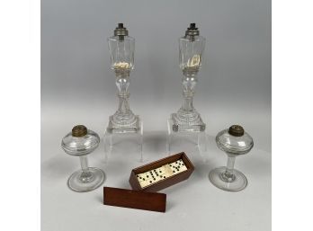 Two Pairs Of New England Blown-Molded And Pressed Colorless Glass Whale Oil Lamps, 1820-45