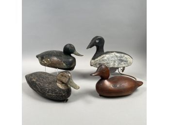 American Carved & Stained Pine Mallard Decoy, And Three Carved And Painted Wood Duck Decoys, Twentieth Century