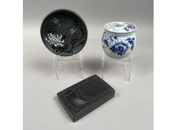Chinese Carved Ink Stone, Japanese Arita Covered Jar And A Studio Pottery Bowl