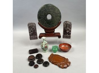 Group Of Chinese And Japanese Carved Jade, Hardwood And Porcelain Table Objects