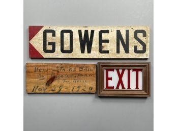 Inscribed Architectral Fragment, A Painted Wood Sign, And A Plastic Sign