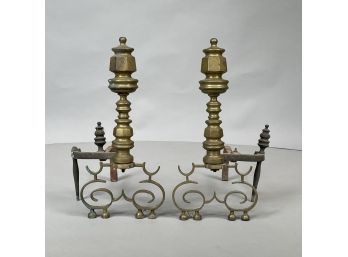Pair Of American Brass Andirons, Early Twentieth Century