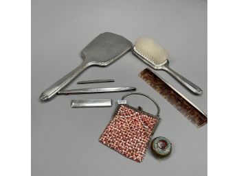 American Sterling Silver Three-Piece Dressing Set, A Mesh Purse & Gilt-Metal & Enamel Box, Early Twentieth Cen