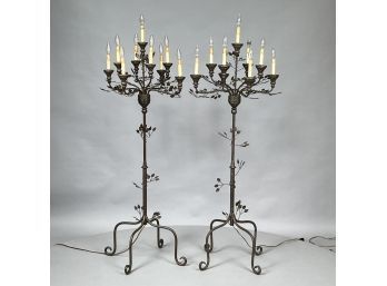 Pair Of Modern Wood And Wrought-Metal Nine-Light Torchieres