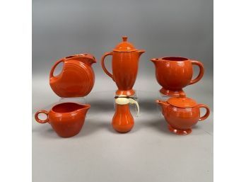 Six Fiestaware 'Red' Serving Vessels, Homer Laughlin China Company, Mid-Twentieth Century