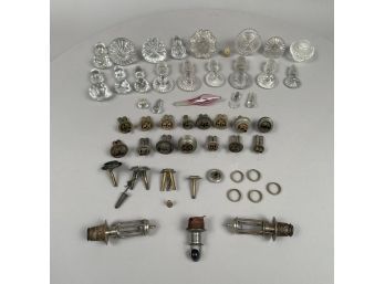 Three Marble Bottle Stoppers, Group Of Glass Stoppers, And Group Of Whale Oil Lamp Burners, Most 19th Century