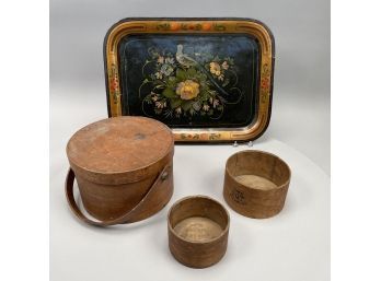 American Oak Pantry Box, Two New Hampshire Bentwood Measures And A Painted Tin Tray, Late Nineteenth Century