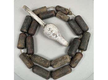 Two Strings Of Wooden Buoys In Black Paint, And A Single Buoy In White Paint, Mid-Twentieth Century