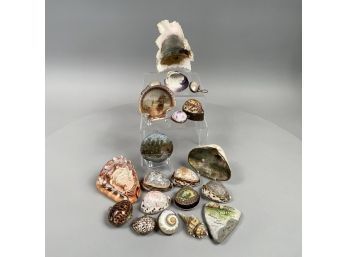 Group Of Carved And Painted Souvenir Shells, Cowrie, Scallop And Abalone Boxes, And Two Souvenir Stones