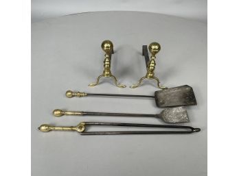 Pair Of Federal Style Brass Andirons, And Three Fireplace Tools