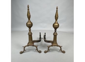 Pair Of Colonial Revival Brass And Iron Spire And Ball Andirons