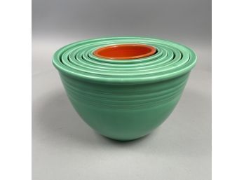 Fiestaware Assembled Set Of Seven 'Red' & 'Medium Green' Mixing Bowls, Homer Laughlin China Co., Mid-20th Cen.