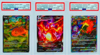 Coveted PSA 10 GEM MINT CHARIZARD V, VMAX, & VSTAR PREMIUM COLLECTION FULL ART HOLOGRAPHIC POKEMON CARD TRIO!!