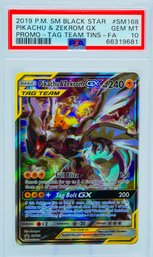 ICONIC PSA 10 GEM MINT Pikachu & Zekrom GX Tag Team Tins Full Art SM168 Black Star Promo Pokemon Card!!!