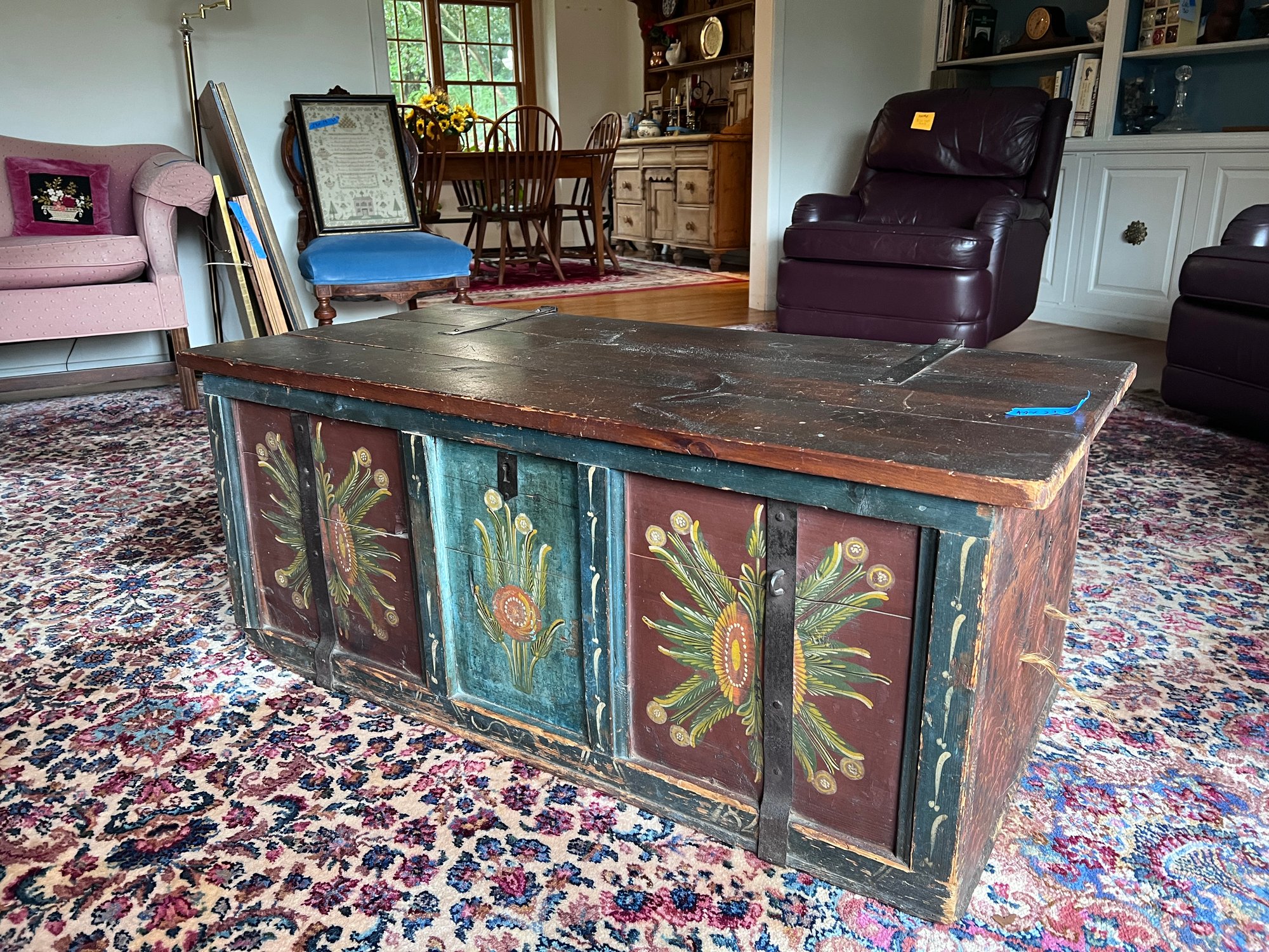 (LR) 19TH CENTURY FOLK ART PAINTED BLANKET CHEST / TRUNK- IRON BOUND ...