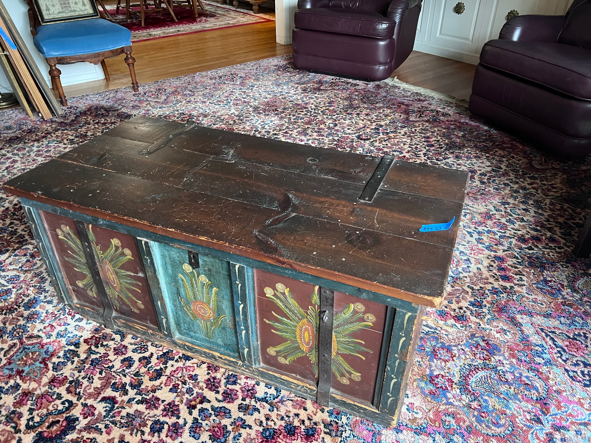 (LR) 19TH CENTURY FOLK ART PAINTED BLANKET CHEST / TRUNK- IRON BOUND ...
