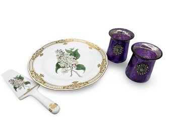 (B-16) VINTAGE SET OF 4  ITEMS-ANDREA BY SADEK HAND COLORED PLATE AND SERVER & PAIR OF FLORALIS CANDLE HOLDERS