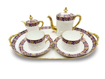 (B-19) VINTAGE 'LIMOGE' CHINA  TEA SET-SERVING PLATTER CREAMER, TEA POT AND 2 CUPS AND SAUCERS