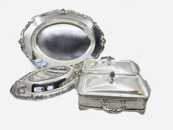 (A-29) VINTAGE LOT OF 3 SILVER PLATED SERVING ITEMS-SERVING DISH W/GLASS, LARGE PLATE & LIDDED DISH