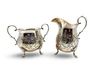 (B-20) ANTIQUE MATCHING PAIR STERLING SILVER CREAMER & SUGAR BOWL-B&M-D25-HAND CHASED-APPROX. 9 OUNCES