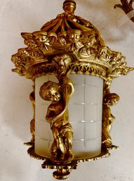 (Z-99) HEAVY BRASS HANGING LIGHT VINTAGE WITH CHERUBS, BRACKET & ORIGINAL GLASS - PICK UP ONLY