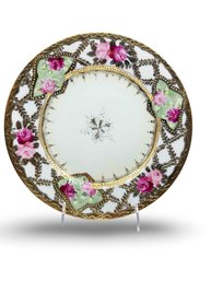 (B-20B) ANTIQUE HAND PAINTED W/ROSES AND GOLD MORIAGE ACCENTS-APPROX. 9.5' ROUND-SIGNED-NO EASEL