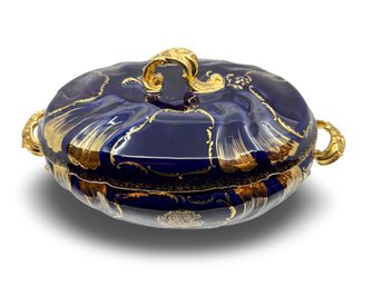 (B-21) ANTIQUE LIDDED COBALT BLUE AND GILT PORCELAIN TUREEN-LIKELY LIMOGE-APPROX. 13' X 9' X 8'