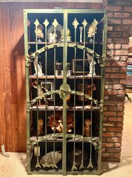 (BASE) BRUTALIST VINTAGE ALL IRON DISPLAY CABINET, SPANISH STYLE WITH GREEN PATINA - 74' BY 34' BY 15'