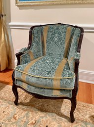 (LR)  BEAUTIFUL VINTAGE BERGERE STYLE ARMCHAIR CUSTOM UPHOLSTERED IN BLUE VELVET - 37' BY 30' BY 26'