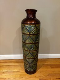 (DEN) TALL FLOOR VASE WITH PEACOCK FEATHER DESIGN - 40' BY 11' - PICK UP ONLY, NO SHIPPING