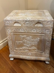 (UPBR-10) VINTAGE BLEACHED WOOD STORAGE BOX CARVED WITH DOGWOOD & BIRDS - 22' BY 18' BY 12'