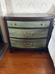 (UPBR) THREE DRAWER DRESSER PAINTED GREEN, WOOD TOP HAS WEAR - 33' BY 18' BY 31'