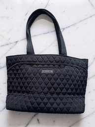 (HB-5) PRE OWNED VERA BRADLEY QUILTED MICROFIBER TOTE BAG-BLACK-APPROX. 13'X6'X9'