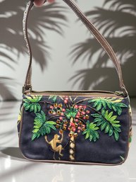 (A-61) VINTAGE ISABELLA FIORE MONKEY PALM TREE BEADED SHOULDER BAG