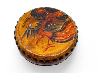 (A-103) ANTIQUE CHINESE LEATHER AND WOOD DRUM PAINTED LOOKS LIKE A PHOENIX W/HANDLES