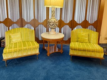 (LR) FAB PAIR OF VINTAGE MCM CURVED BACK LOUNGE CHAIRS CUSTOM UPHOLSTERED IN CHIC YELLOW VELVET - GREAT SHAPE