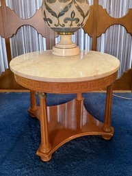 (LR) VINTAGE WOOD & MARBLE TOP ACCENT TABLE WITH PILLAR LEGS & GREEK KEY CARVED DESIGN- 28' BY 22'