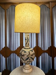 (LR) VINTAGE OVERSIZED CERAMIC TABLE LAMP WITH TALL SHADE & BLUE GLASS ENAMEL DESIGNS - 53' H BY 14' W