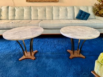 (LR) MATCHING PAIR OF VINTAGE WOOD & MARBLE TOP ACCENT TABLES - 22' BY 17'H - SEE FLAKE ON ONE TOP