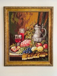 (DR) VINTAGE HAND CRAFTED STILL LIFE NEEDLEPOINT WITH FRUIT & WINE - FRAMED WALL HANGING - 27' BY 33'