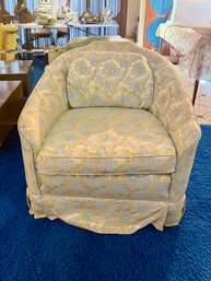 (LR) COMFORTABLE VINTAGE BLUE UPHOLSTERED BARREL CHAIR- 32' BY 35'