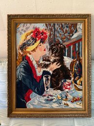 (LR) FRAMED VINTAGE NEEDLEPOINT WOMAN & HER DOG - 27' By 33'