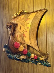 (UPHall) VINTAGE CHALK WARE WALL HANGING, VIKING DRAGON SHIP - SEE THE EDGE CHIPS IN PICS - 27' BY 24'