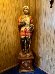 (UPHall) VINTAGE CHALK WARE SPANISH CONQUISTADOR TALL STATUE ON BASE - SOME CHIPS ESPECIALLY ON BASE - 58' BY
