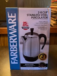 (UP-3) NEW IN BOX FARBERWARE COFFEE POT - 2-8 CUP STAINLESS STEEL PERCOLATOR