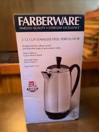 (UP-4) NEW IN BOX FARBERWARE COFFEE POT - 2-12 CUP STAINLESS STEEL PERCOLATOR